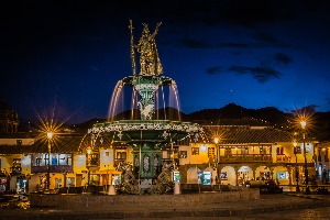 The Beautiful Fountain in the Cusco City Plaza at night.